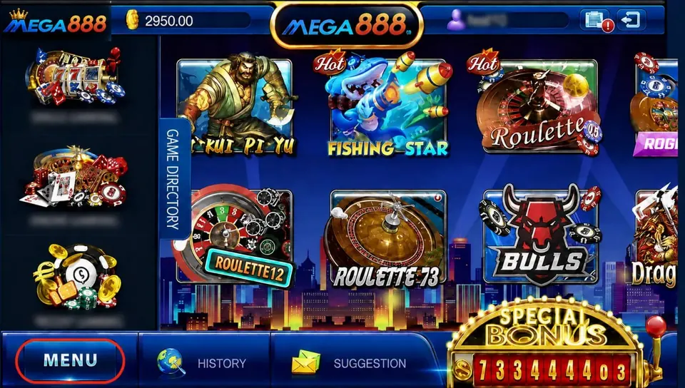 The Mega888 game lobby with fishing, roulette and arcade titles in the game directory